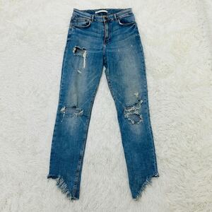 YT2618 ZARA Trafaluc ザラ トラファルック 裾カットオフ ダメージスキニーデニム EUR38 クラッシュジーンズ ブルー