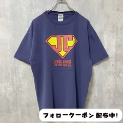 古着 used　スーパーマンパロディ　JESUS CHRIST　半袖プリントTシャツ　ネイビー　デザイン　クルーネック　春夏服