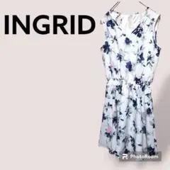 Y313【INGRID】М　花柄 ノースリーブワンピース　ウエスト切り替え ゴム