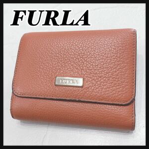 ☆FURLA☆ フルラ 三つ折り財布 折り財布 財布 ウォレット オレンジ レザー シンプル 無地 ゴールド金具 レディース 送料無料