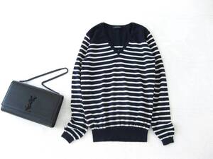 ☆トゥモローランドMACPHEE☆ボーダーニット☆長袖☆S(7号)☆Vネック☆ウール素材☆NAVY×オフホワイト☆マカフィー☆