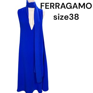 美品　フェラガモ　FERRAGAMO 美しいロイヤルブルー　ニット　ロング　ドレス　ワンピース　38、M、9号　S5M012