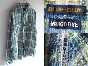 BLUE BLUE ブルーブルー INDIGO DYE ロゴピスネーム コットンリネンガーゼ チェックシャツ 1/S インディゴ ライトグリーン ネコポス対応