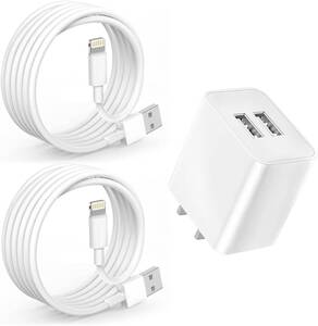 iPhone 充電器 USB 充電器 2ポート 12W ACアダプター 【MFi/PSE認証済み】 2M iPhone 充電ケーブル 2本付き 軽量 コンパクト USB