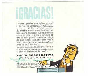 ベリカード　Radio Cooperativa, La Voz de Chile １９６６年　ＢＣＬ　記名なし