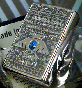 【ZIPPO】インディアンアート文様 Thunderbird 銀古美 ターコイズ石,ネコポス