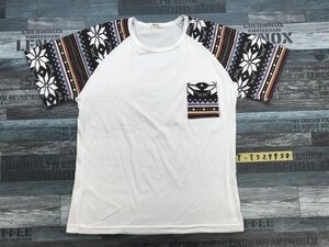 FASHION メンズ エスニック柄切替え ポケット付き 半袖Tシャツ 白黒他