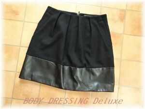 N4663★BODY DRESSING Deluxe★異素材 切替タックスカート★合皮×ウール★ブラック 黒★(38)