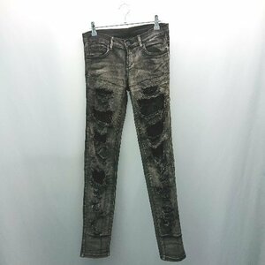 ◇ Playme Jeans フロントファスナー ダメージ加工 レースメッシュ クール ジーンズ サイズW24 ブラック レディース E