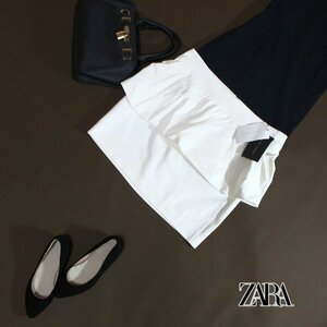 新品 ZARA woman ザラ ウーマン ■ 春 夏 膝丈 ジャージ― ギャザー フレアスカート フリルスカート L ホワイト 白