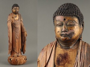 仏教美術 時代品 木彫 玉眼 寄木造 阿弥陀如来立像 40.5㎝ lm04