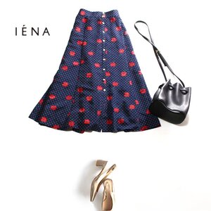 美品 イエナ IENA 可愛い 春 夏 ドット柄 × フラワー Aライン 前ボタン ロングスカート レトロ 9号 38 ネイビー 紺 ホワイト 白 レッド 赤