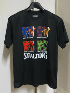 格安レア廃版コラボモデル・SPALDING×MTV(スポルディング)・黒系化繊地・4色のMTV×SPALDINGプリント入り・高級半袖デザインTシャツ L