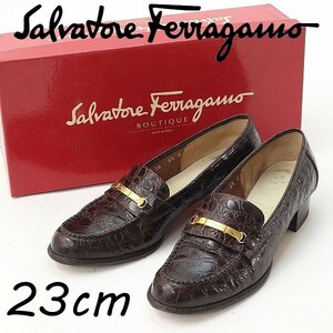 ◆Salvatore Ferragamo サルヴァトーレフェラガモ クロコ型押し レザー ゴールド金具 ローファー パンプス ダークブラウン 5 1/2