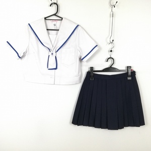 1円 セーラー服 ミニスカート 上下2点セット 大きいサイズ 夏物 青1本線 女子 学生服 熊本湖東中学 白 制服 中古 ランクC EY9842