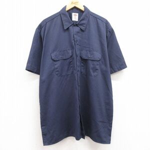 XL/古着 ディッキーズ Dickies 半袖 ワーク シャツ メンズ 大きいサイズ ロング丈 紺 ネイビー 24apr08 中古 トップス