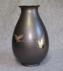 [銅花器f66]◆花瓶　双鶴図　菊御紋　22cm◆◆ツル　crane　VASE 花生　菊花文