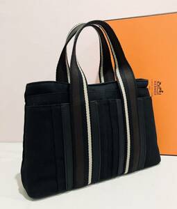 HERMES ● 極上美品 箱付き！ バッグ エルメス トロカホリゾンタル トートバッグ 黒 キャンバス レザー ブラック