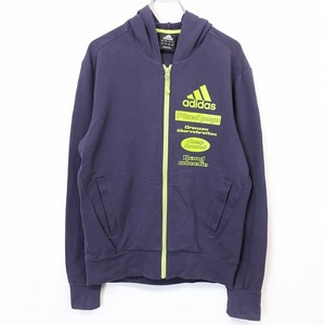 adidas アディダス L メンズ スウェット ジップアップ パーカー カットソー ミニ裏毛 プリント ロゴ 長袖 綿×ポリウレタン ネイビー 紺