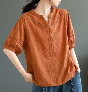 LB133 シャツ レディース ブラウス シャツブラウス 刺繍り ゆったり カジュアル 大きいサイズ 可愛い 着痩 半袖 チュニック オレンジ