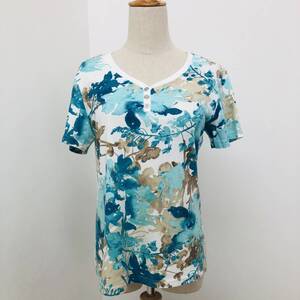 a00963 レトロ可愛い KARENSCOTT カレンスコット Tシャツ 半袖 Vネック 昭和レトロ 水色 総柄 レディース レトロヴィンテージスタイル