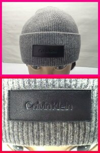 送料無料★Calvin Klein・ニット帽子　レディース/フリーサイズ相当　女性用　グレー　カルバンクラインロゴ叩き付け（合成皮革）キャップ