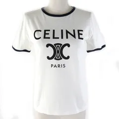 極美品△CELINE セリーヌ 2X872671Q コットン CELINE PARIS トリオンフロゴプリント クルーネック 半袖Ｔシャツ ホワイト ネイビー ブラック XS フランス製 正規品 レディース