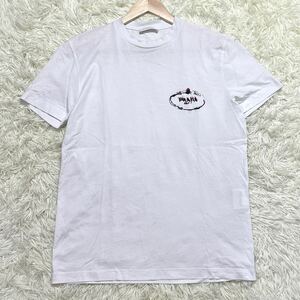 美品/Lサイズ●PRADA 半袖 Tシャツ カットソー プラダ コットン メンズ 通年 春夏 ワンポイントロゴ ロゴ刺繍 白 ホワイト 紳士服