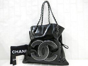 ◆美品◆CHANEL シャネル◆パテント レザー 本革◆チェーン ハンド トート バッグ◆ブラック SV金具◆ラインストーン◆ココマーク◆A9489