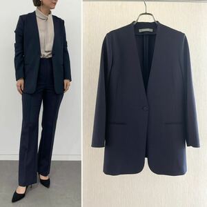 Theory luxe Frost Stretch ウォッシャブル ノーカラー ジャケット ネイビー 38 洗える 春秋冬