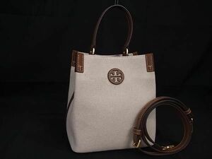 ■新品同様■ TORY BURCH トリーバーチ キャンバス×レザー 2WAY ハンドバッグ ショルダー ベージュ系×ブラウン系 FA7380