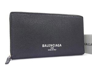 1円 ■新品同様■ BALENCIAGA バレンシアガ レザー ラウンドファスナー 長財布 ウォレット 札入れ 小銭入れ メンズ ブラック系 FE6859