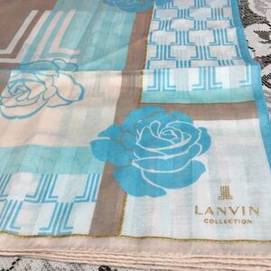 新品☆ランバン LANVIN 大判ハンカチーフ 約57cm 綿100% ミニスカーフ バッグチャームにも　薔薇　ブルー