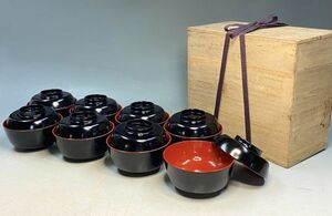 「黒内朱　吸物椀　八客」 漆芸 木製漆器 漆塗 吸物碗 煮物 懐石 和食器 茶道具 箱入 y18214500