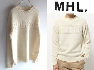 定価26400円 MHL. マーガレットハウエル BASIC WOOL 英国羊毛使用 ケーブルニット切替 ウール ニット セーター L エクリュ ナチュラル 白