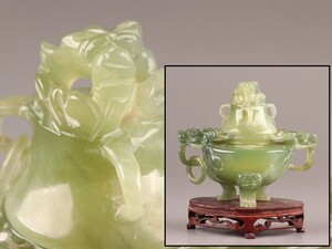 中国古玩 唐物 緑砡石 翡翠 遊環 置物 香炉 時代物 極上品 初だし品 D0910