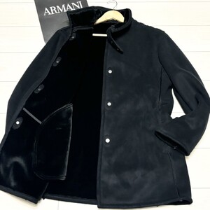 極美品/L-XL相当●エンポリオアルマーニ『シックな高級感』EMPORIO ARMANI ムートンコート ボア ファー ロング丈 極暖 黒 ブラック 秋冬