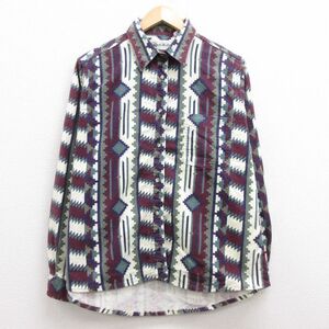 【50%OFF】古着 長袖 フランネル シャツ レディース 90s ネイティブ柄 ラグ柄 大きいサイズ コットン エンジ他 22jan10 中古 ブラウス 5OF