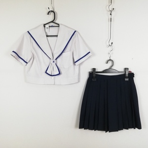 1円 セーラー服 ミニスカート 上下2点セット 夏物 青1本線 女子 学生服 熊本湖東中学 白 制服 中古 ランクC EY9795