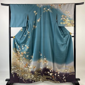 訪問着 身丈162cm 裄丈65.5cm M 袷 御所車 菊 刺繍 金彩 青緑 正絹 秀品 【中古】