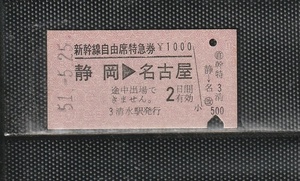 国鉄名古屋印刷 静岡＞名古屋 赤地紋 新幹線自由席 硬券特急券 下パンチ券 