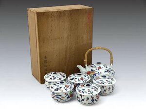 香蘭社 松竹梅菊紋茶器セット/土瓶/湯呑/色絵 5客 箱に書込みあり 中古品　ACB