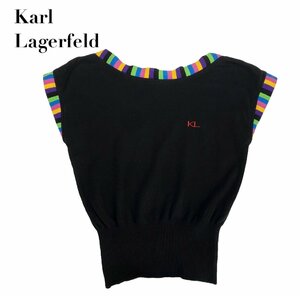 中古 カールラガーフェルド Karl Lagarfeld 半袖 コットン ニット セーター 黒 マルチカラー レディース ９号