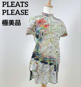 【極美品】 PLEATS PLEASE プリーツプリーズ　チュニック　極希少デザイン　地図柄　マップ　総柄　激レア　半袖　フレンチスリーブ