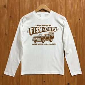 ■FISH & CHIPS ロンT■Lサイズ（ホワイトxブラウン）アメリカ　アメ車　モパ－　MOPAR PLYMOUTH BARRACUDA ハンバーガー　ポテト