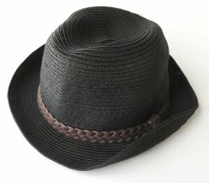 【帽子】麦わら 中折れハット まき編み込み 柔らかい 黒 約58cm/23B