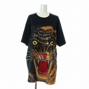 GUCCI Tシャツ ルーズカットソー 半袖 クルーネック タイガー プリント ビーズ スパンコール装飾 コットン XS 黒 ブラック 539081