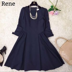 美品☆Rene☆ルネ☆濃紺ワンピース☆34☆7部丈☆美品☆お嬢様ワンピース☆長袖 ☆フェミニン