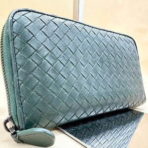 希少/極美品●BOTTEGA VENETA ボッテガヴェネタ 長財布 イントレチャート メンズ ラウンドファスナー 緑 グリーン ビジネス レザー 本革 