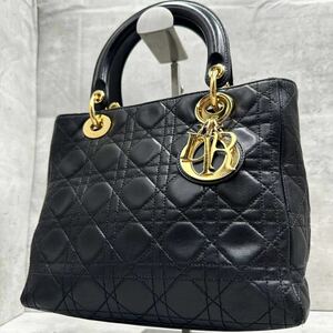 1円■美品■ Christian Dior ディオール レディディオール カナージュ レザー ハンドバッグ ミニ トートバッグ ブラック 黒 キルティング